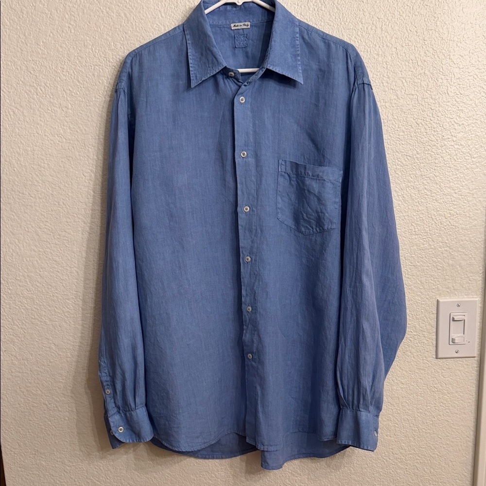 120% Lino linen Men's Blue Casual Shirt